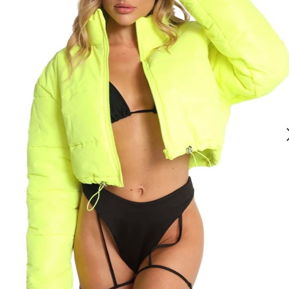 I🩷RAVES/MED/NEON Yellow Puffer Crop Jacket/Light Weight/Festival/